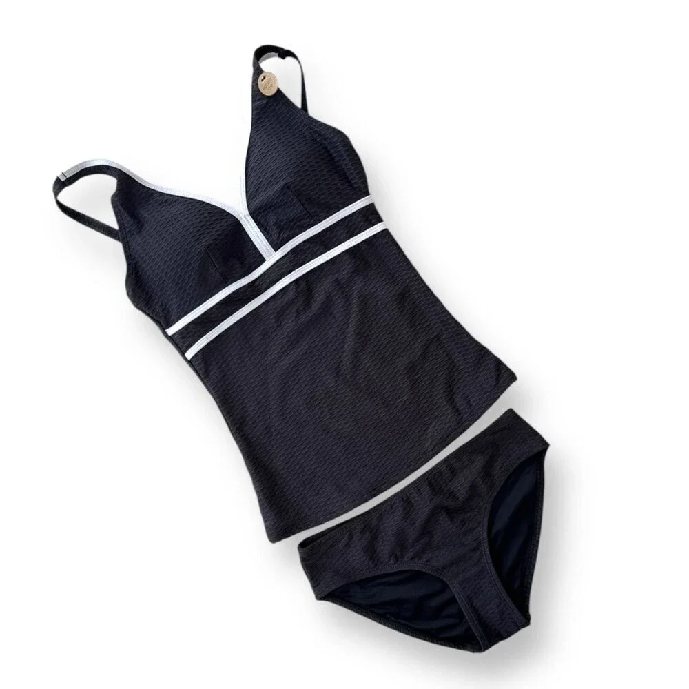 Audrey Omega Texture 2pc Shaping Tankini Black Wm Sz 4 Sewn-in-place molded cups